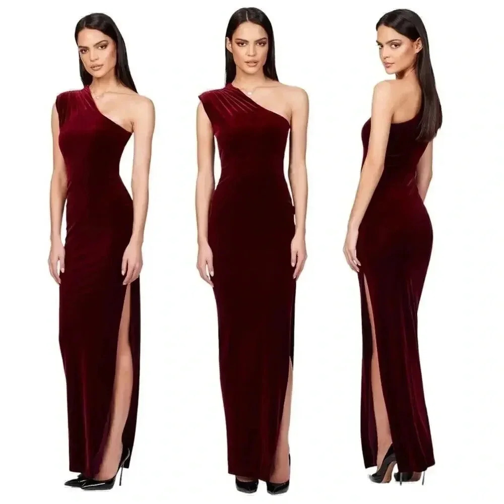Nookie One-Shoulder Velvet Gown in Deep Burgundy